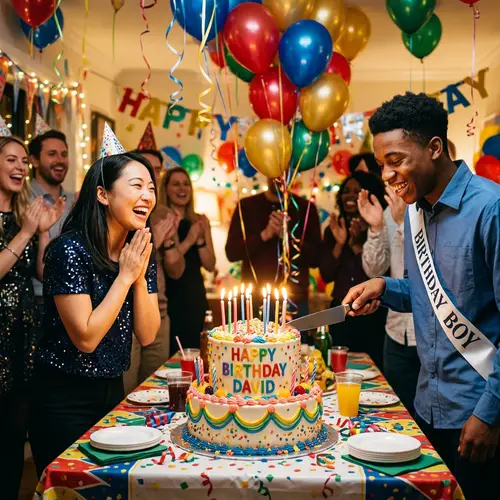 Colorful Birthday Party Celebration with Cake and Laughter