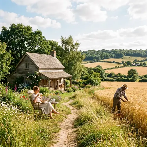 Idyllic Countryside Scene: Rustic House, Verdant Trees & Rolling Hills
