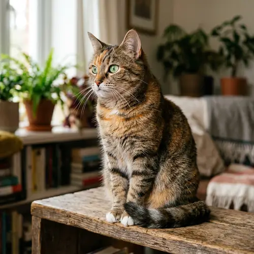 Hermoso Gato Sentado con Pelaje Verde y Bigotes Curiosos