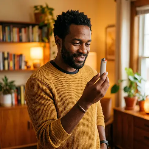 Mid-Thirties Black Man Admiring Lighter in Warmly Lit Room