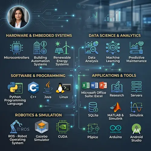 Professional LinkedIn Background for Woman: Skills in Servers, SQLite, Microcontrollers & More