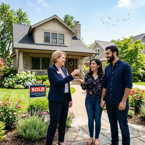 Real Estate Agent Handing Over Keys to Joyful Couple | Home Purchase
