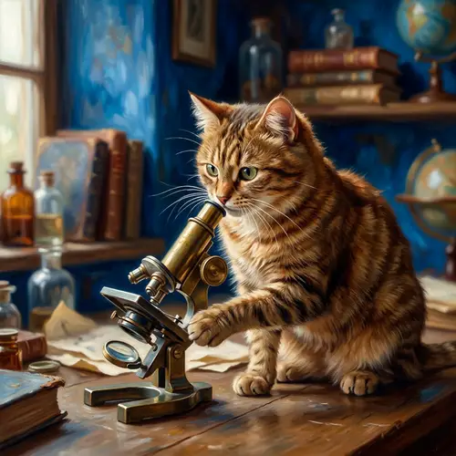 Curious Cat and Microscope Art