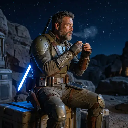 Sci-Fi Warrior in Relaxation - Futuristic Knight with Herbal Item