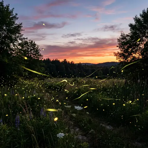 Stunning Sunset Backdrop with Glowing Fireflies