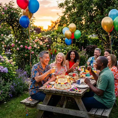 54-Year-Old Man Birthday Celebration in Garden with Friends
