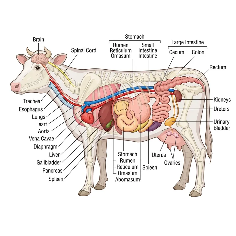 Cow Anatomical Illustration: Detailed Internal Organs View Cow Anatomical Illustration: Detailed Internal Organs View
