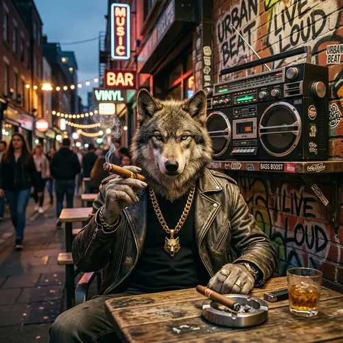 Wolf Smoking Cigar with Boombox | Unique and Powerful Image