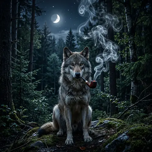 Grey Wolf with Detective Pipe in Moonlit Forest