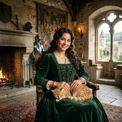 Vintage Hispanic Woman with Cat in Castle Room