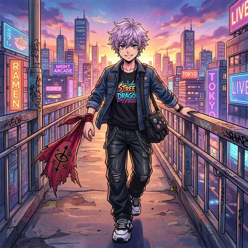 Spiky Purple-Haired Anime Character Artwork with Street-Style Outfit