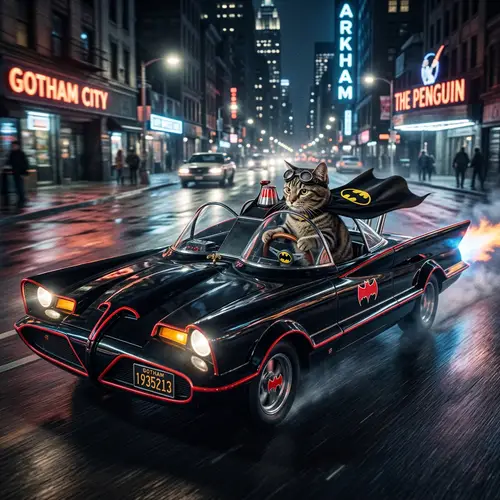 Cat Driving the Batmobile: Adorable Adventure