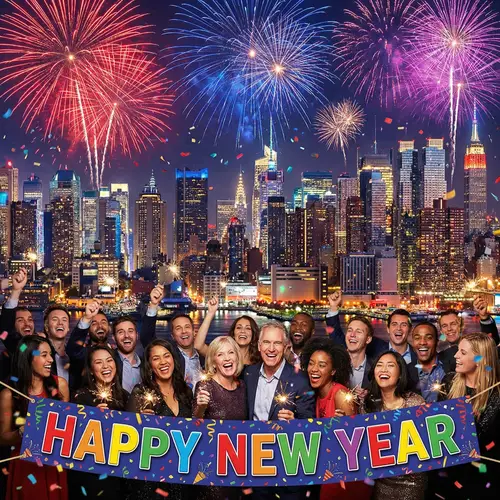 Vibrant New Year Celebration with Fireworks over City Skyline