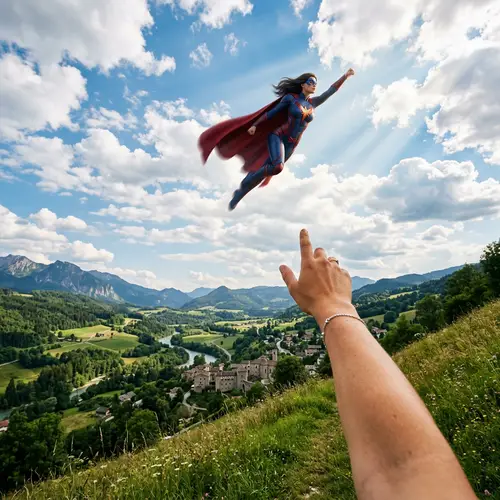 Majestic Landscape with Superhero Soaring in Sky