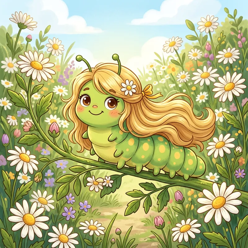 Cute Cartoon Caterpillar in Flower Garden Cute Cartoon Caterpillar in Flower Garden