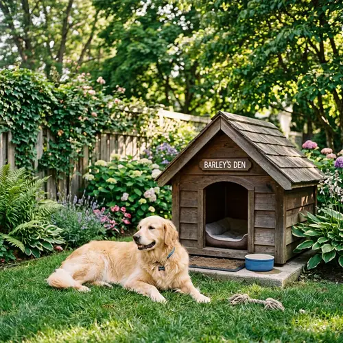 Dog Lounging Near Doghouse in Yard
