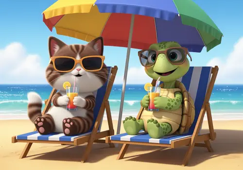 Cute Cat and Turtle Relaxing on Sunny Beach