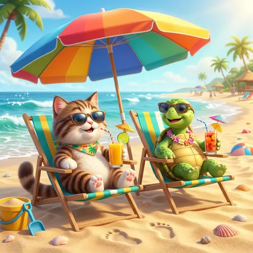 Cute Cat and Turtle Relaxing on Sunny Beach