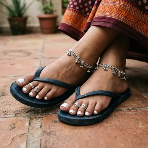 Elegant Indian Feet with Jewelry and White Pedicure