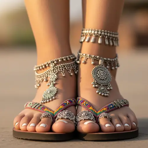 Elegant Indian Feet with Jewelry and White Pedicure