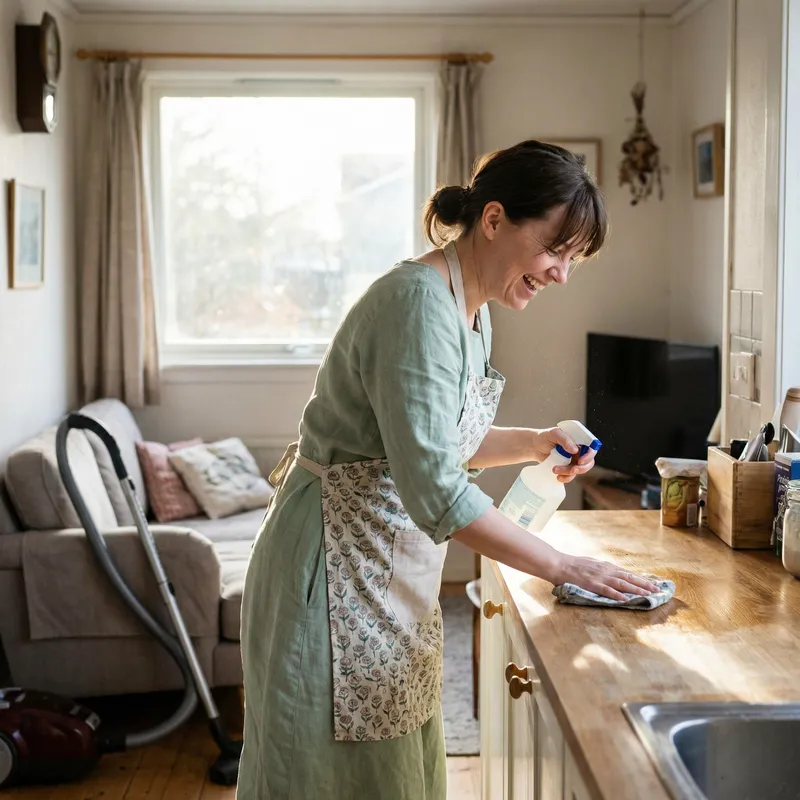 Home Cleaning in a Light Green Dress