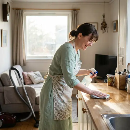 Home Cleaning in a Light Green Dress