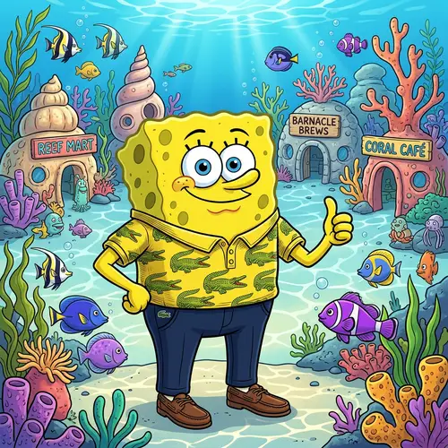 Cartoonish Sea Sponge in Lacoste-style Clothing