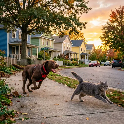 Excited Dog Chasing Cat in Suburban Neighborhood