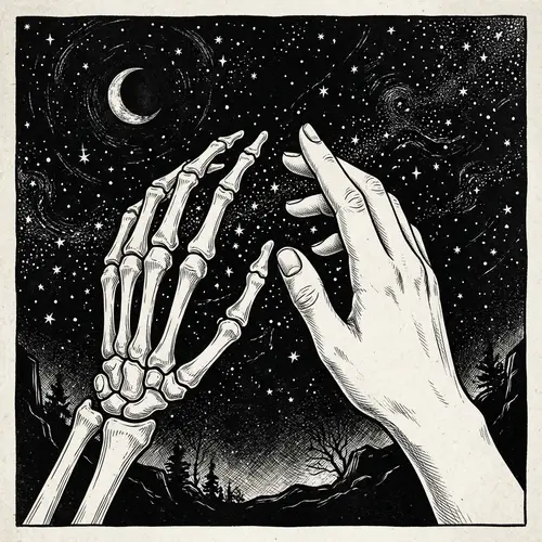 Contrasting Human Skeletal Hand and Fleshed Hand in Surrealistic Style