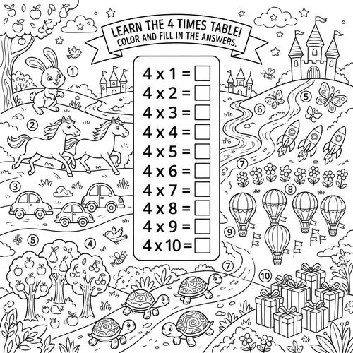 Colorful Multiplication Table of Four | Fun Educational Coloring Page