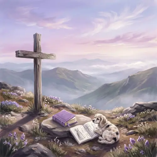 Pastel Mountain Scene with Symbolism of Christianity and Hobbies