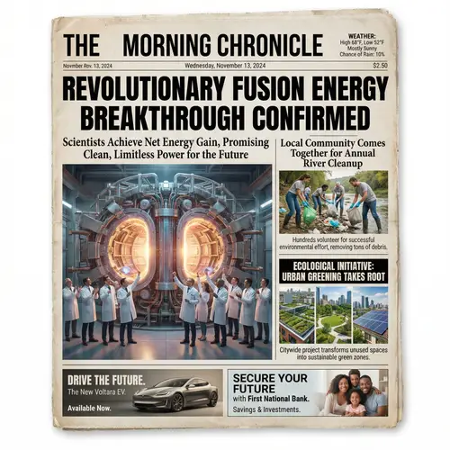 Newspaper Front Page: Science Breakthrough, Local Event, Ecological Initiative