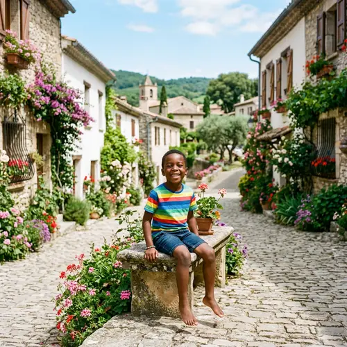 Cheerful African American Boy in Colorful Outfit | Village Scene