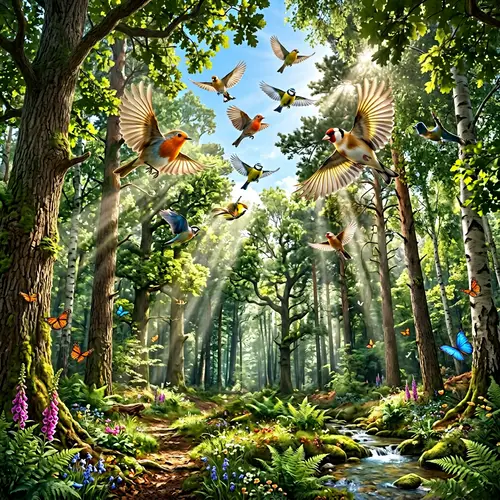 Majestic Green Forest | Vivid Nature Scene with 3D Birds