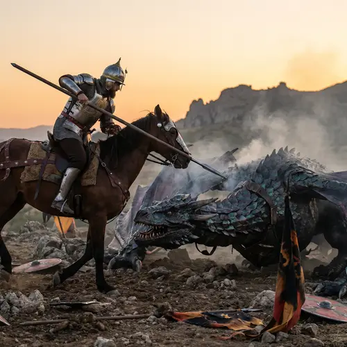 Valiant Middle-Eastern Knight Battles Formidable Dragon