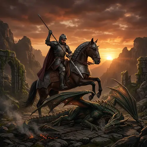 Epic Battle: South Asian Knight vs. Dragon in Mystical Landscape