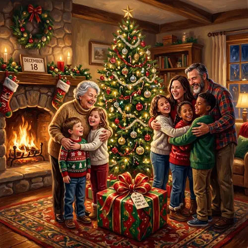 Festive Holiday Scene with Family Gathering and Christmas Tree