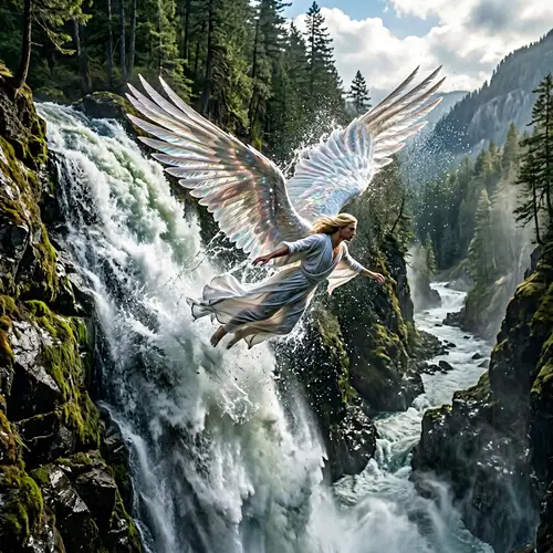 Graceful Angel Slicing Waterfall with Ethereal Wing