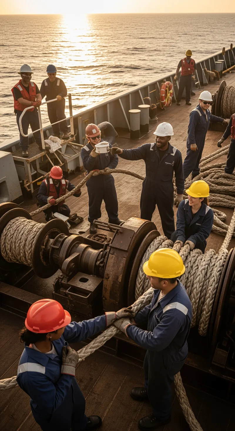 Happy Crew on Heavy Vessel Deck at Sea