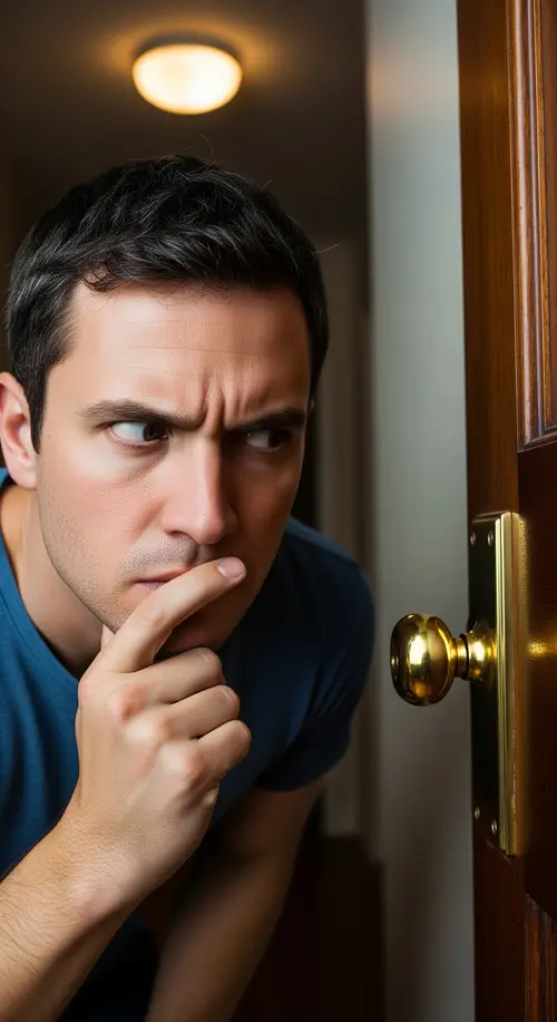 Suspicious Guy Watching Door Knob