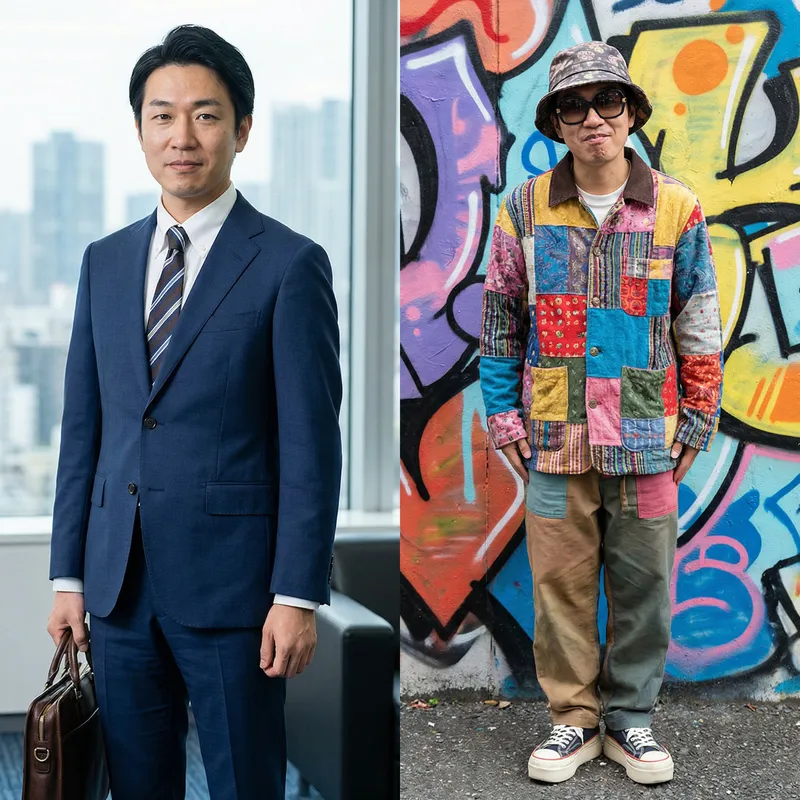 Asian Man in Dual Outfits: Office vs Funky Style