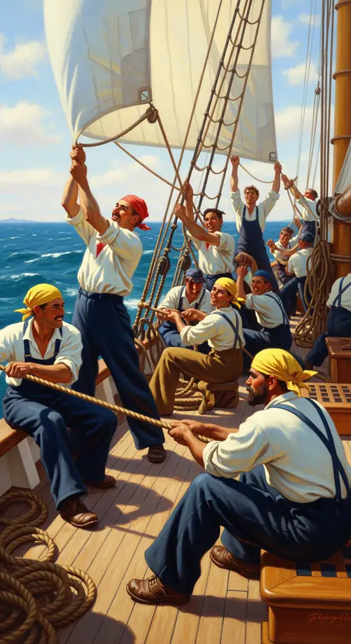 Joyful Sailors at Work on a Sunlit Boat Deck