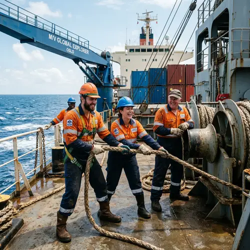 Happy Crew on Heavy Vessel Deck at Sea
