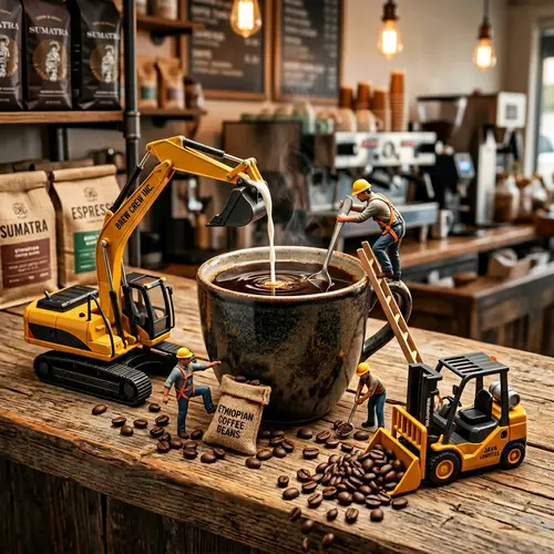 Dynamic Miniature Coffee Scene with Tiny Workers