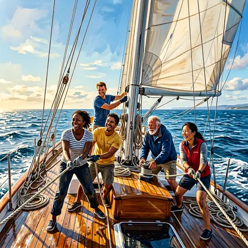 Joyful Sailors at Work on a Sunlit Boat Deck