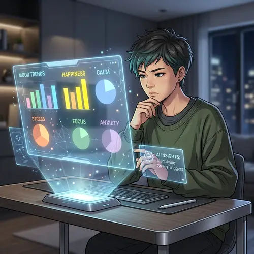 Diverse Gender Asian Individual Analyzing Colorful Charts with AI