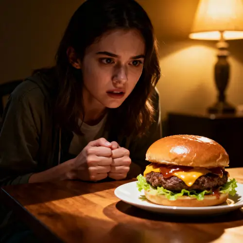 Temptation Overcome: Woman Resists Delicious Hamburger