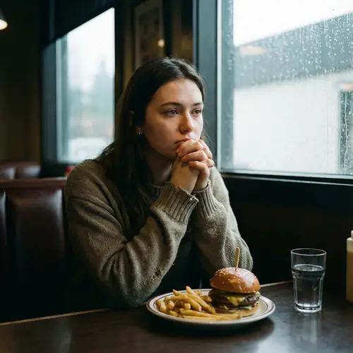 Temptation Overcome: Woman Resists Delicious Hamburger