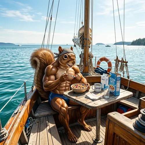 Muscular Squirrel Enjoys Breakfast on a Boat