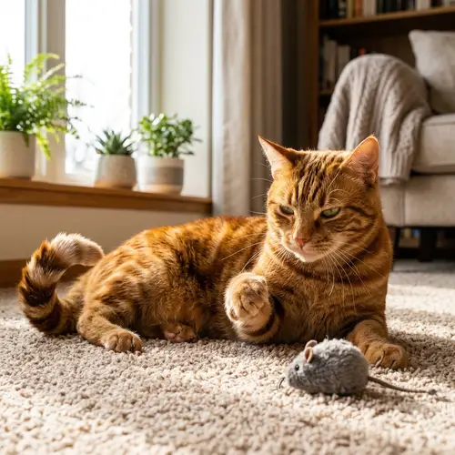 Playful Tabby Cat Lounging on Carpeted Floor